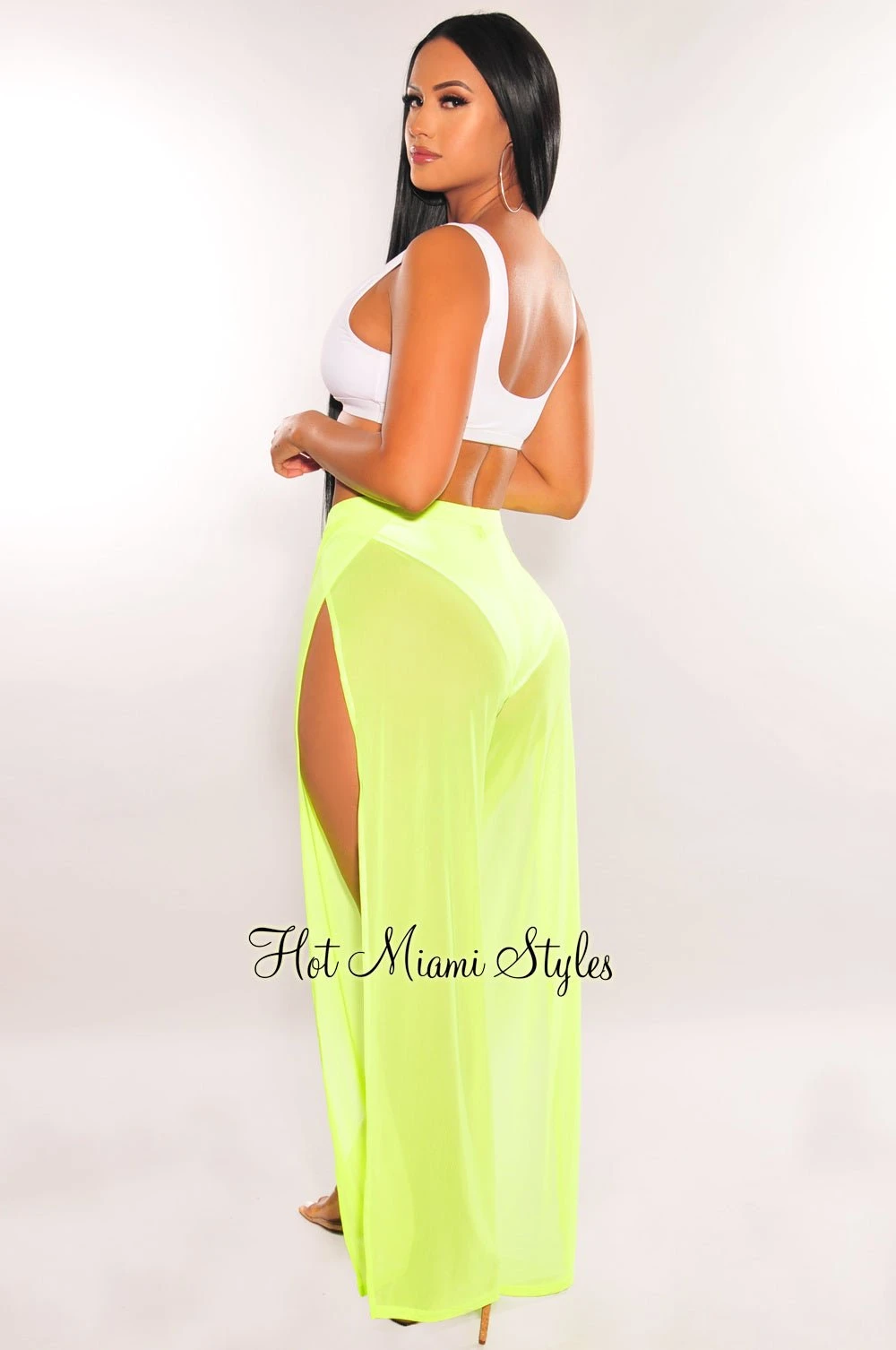 Neon Lime Mesh Sheer High Waist Double Slit Cover Up Pants 2 Neon Lime Mesh Sheer High Waist Double Slit Cover Up Pants - Image 2