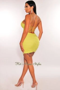 Neon Lime Satin Mesh Padded Strappy Back Ruched Mini Dress -Miamis Style Shop neon lime satin mesh padded strappy back ruched mini dress hot miami styles 734526