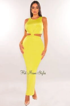 Neon Lime Sleeveless Knotted Cut Out Maxi Dress