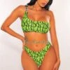 Neon Lime Snake Print One Shoulder Jeweled Scrunch Butt Bikini