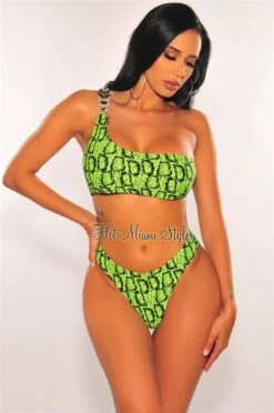Neon Lime Snake Print One Shoulder Jeweled Scrunch Butt Bikini