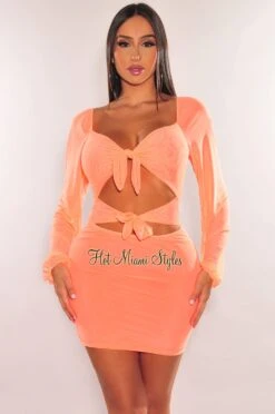Neon Orange Mesh Tie Up Cut Out Long Sleeve Dress 8 Neon Orange Mesh Tie Up Cut Out Long Sleeve Dress -Miamis Style Shop neon orange mesh tie up cut out long sleeve dress hot miami styles 900630