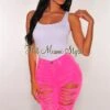 Neon Pink Denim Ripped Destroyed High Waist Bermuda Shorts