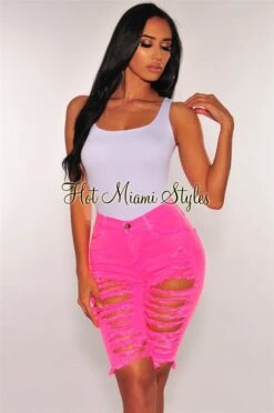 Neon Pink Denim Ripped Destroyed High Waist Bermuda Shorts
