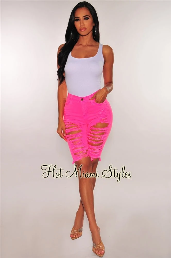 Neon Pink Denim Ripped Destroyed High Waist Bermuda Shorts 3 Neon Pink Denim Ripped Destroyed High Waist Bermuda Shorts - Image 3