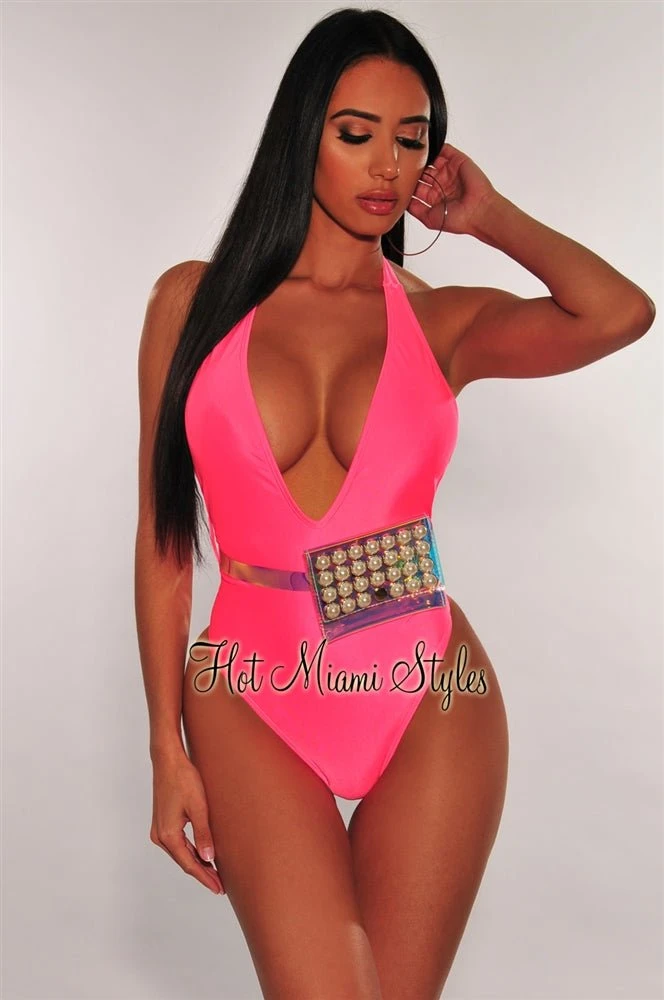 Neon Pink Iridescent Pearl Fanny Pack Belted Swimsuit 1 Neon Pink Iridescent Pearl Fanny Pack Belted Swimsuit