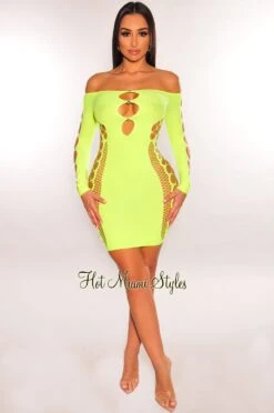 Neon Yellow Rhinestone Off Shoulder Cut Out Seamless Dress 6 Neon Yellow Rhinestone Off Shoulder Cut Out Seamless Dress -Miamis Style Shop neon yellow rhinestone off shoulder cut out seamless dress hot miami styles 692067