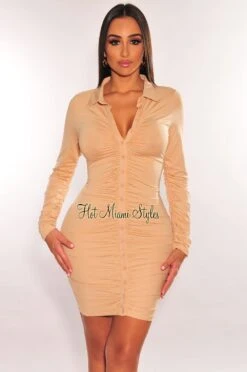 Nude Collared Long Sleeve Button Up Ruched Dress