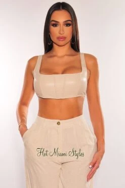 Nude Faux Leather Round Neck Sleeveless Crop Top