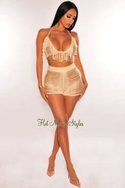 Nude Halter Crochet Ladder Fringe Cover Up Shorts Two Piece Set -Miamis Style Shop nude halter crochet ladder fringe cover up shorts two piece set hot miami styles 706347