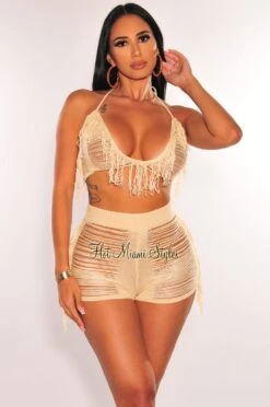Nude Halter Crochet Ladder Fringe Cover Up Shorts Two Piece Set