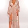 Nude Leopard Print Pearl O-Ring Cut Out Long Sleeves Double Slit Maxi Dress