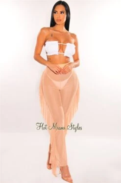 Nude Mesh High Waist Ruffle Sides Pants Cover Up Pants