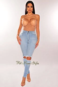 Nude Mesh Rhinestone Embellished Spaghetti Strap Padded Underwire High Cut Bodysuit -Miamis Style Shop nude mesh rhinestone embellished spaghetti strap padded underwire high cut bodysuit hot miami styles 123003