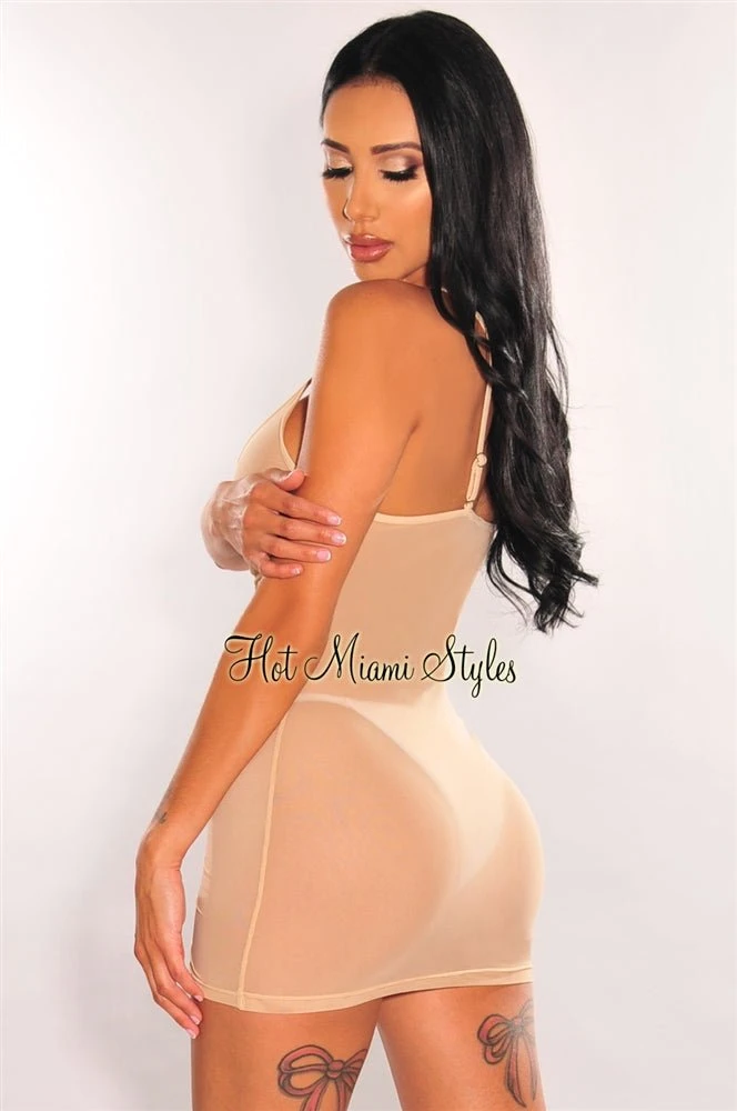 Nude Mesh V Neck Drawstring Ruched Mini Dress Cover Up 2 Nude Mesh V Neck Drawstring Ruched Mini Dress Cover Up - Image 2