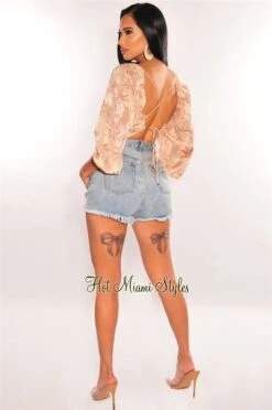 Nude Palm Print Long Sleeve Lace Up Back Crop Top -Miamis Style Shop nude palm print long sleeve lace up back crop top hot miami styles 749124