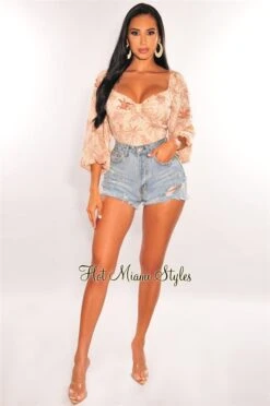 Nude Palm Print Long Sleeve Lace Up Back Crop Top -Miamis Style Shop nude palm print long sleeve lace up back crop top hot miami styles 927908
