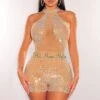 Nude Rhinestone Sheer Mesh Sleeveless Romper