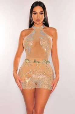 Nude Rhinestone Sheer Mesh Sleeveless Romper