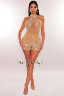 Nude Rhinestone Sheer Mesh Sleeveless Romper -Miamis Style Shop nude rhinestone sheer mesh sleeveless romper hot miami styles 772493