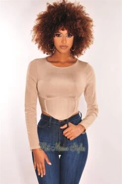 Nude Ribbed Bandage Boned Curved Hem Crop Top