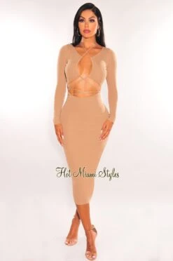 Nude Ribbed Knit Keyhole Cut Out Long Sleeve Midi Dress