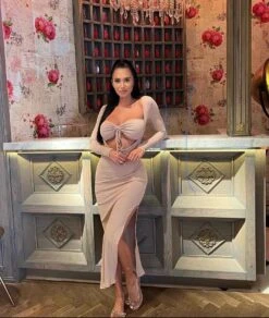 Nude Ribbed Long Sleeve Cut Out Dress -Miamis Style Shop nude ribbed long sleeve cut out dress hot miami styles 858788