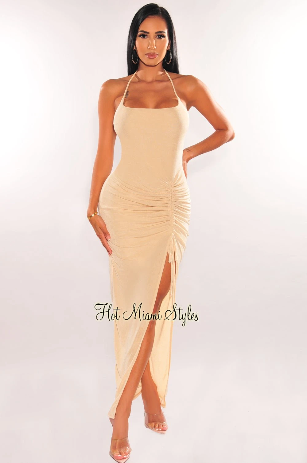 Nude Ribbed Shimmery Halter Drawstring Slit Maxi Dress 1 Nude Ribbed Shimmery Halter Drawstring Slit Maxi Dress