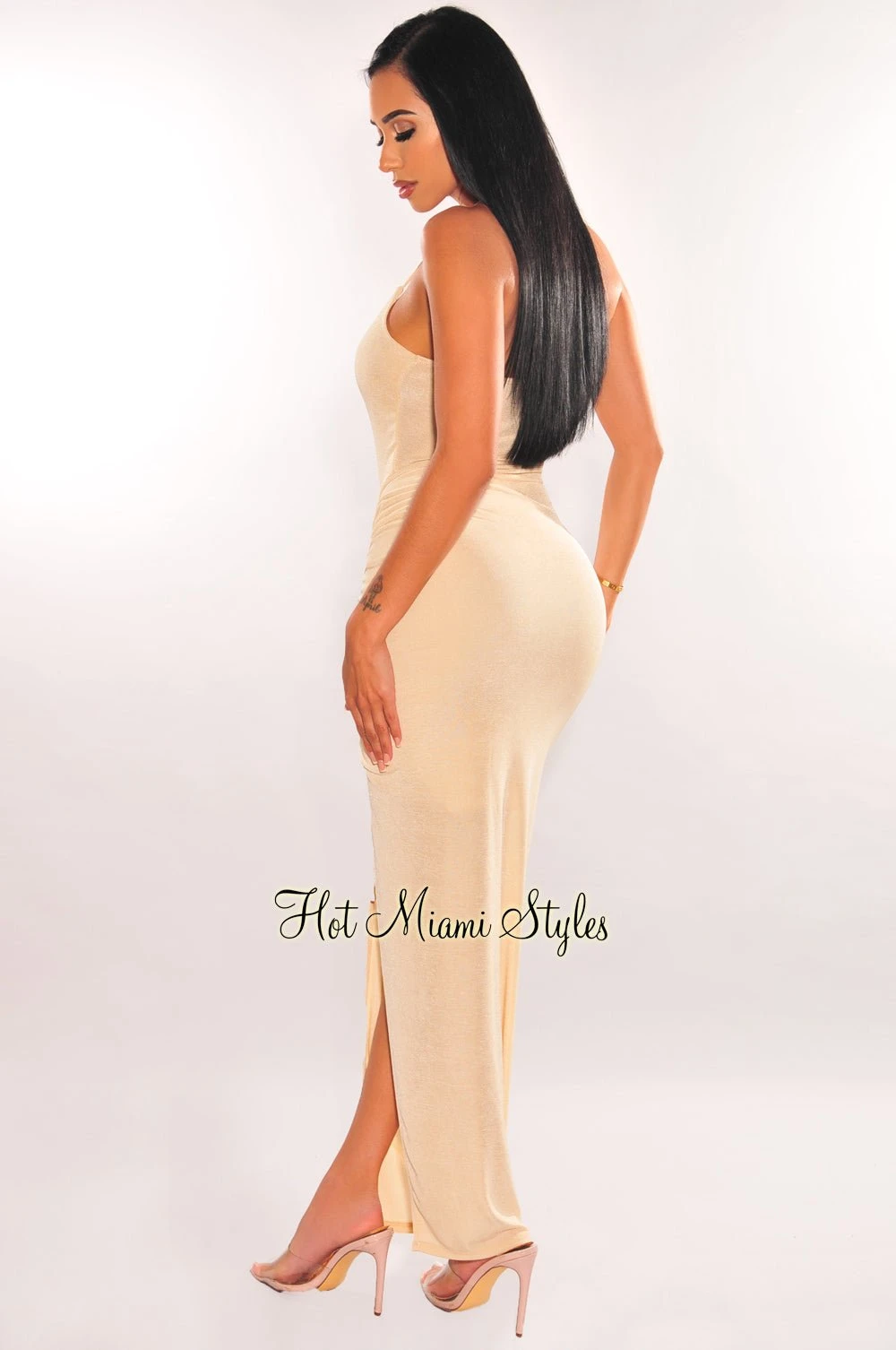 Nude Ribbed Shimmery Halter Drawstring Slit Maxi Dress 2 Nude Ribbed Shimmery Halter Drawstring Slit Maxi Dress - Image 2