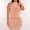 Nude Sheer Mesh Rhinestone Halter Mini Dress
