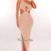 Nude Shimmery One Shoulder O-Ring Cut Out Slit Maxi Dress