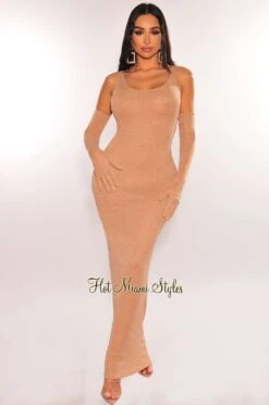 Nude Shimmery Sleeveless Scoop Back Midi Dress + Gloves