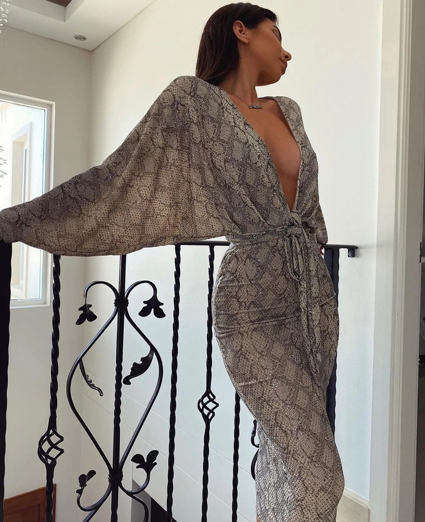 Nude Snake Print Silver Sequins Kimono Sleeves Belted Dress 3 Nude Snake Print Silver Sequins Kimono Sleeves Belted Dress - Image 3
