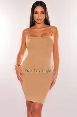 Nude Square Neck Spaghetti Straps Mini Dress