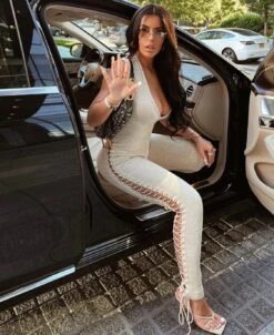 Nude Stone Ribbed Knit V Neck Lace Up Sides Jumpsuit -Miamis Style Shop nude stone ribbed knit v neck lace up sides jumpsuit hot miami styles 170976