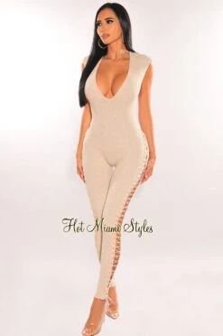 Nude Stone Ribbed Knit V Neck Lace Up Sides Jumpsuit