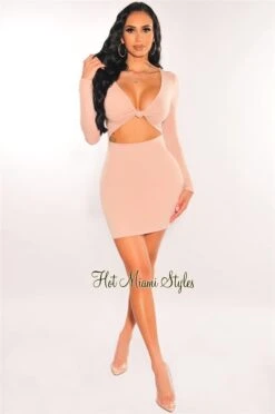 Nude V Neck Knotted Cut Out Long Sleeve Dress -Miamis Style Shop nude v neck knotted cut out long sleeve dress hot miami styles 495148