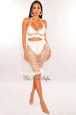 Off White Crochet Halter Fringe Hem Skirt Two Piece Set Cover Up -Miamis Style Shop off white crochet halter fringe hem skirt two piece set cover up hot miami styles 333604