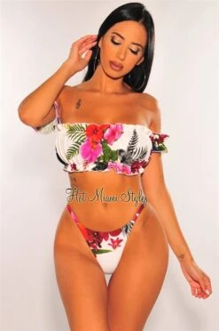 Off White Floral Print Off Shoulder Ruffle Scrunch Butt Bikini