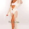 Off White Knit Crochet Long Sleeve Tie Up Maxi Cover Up