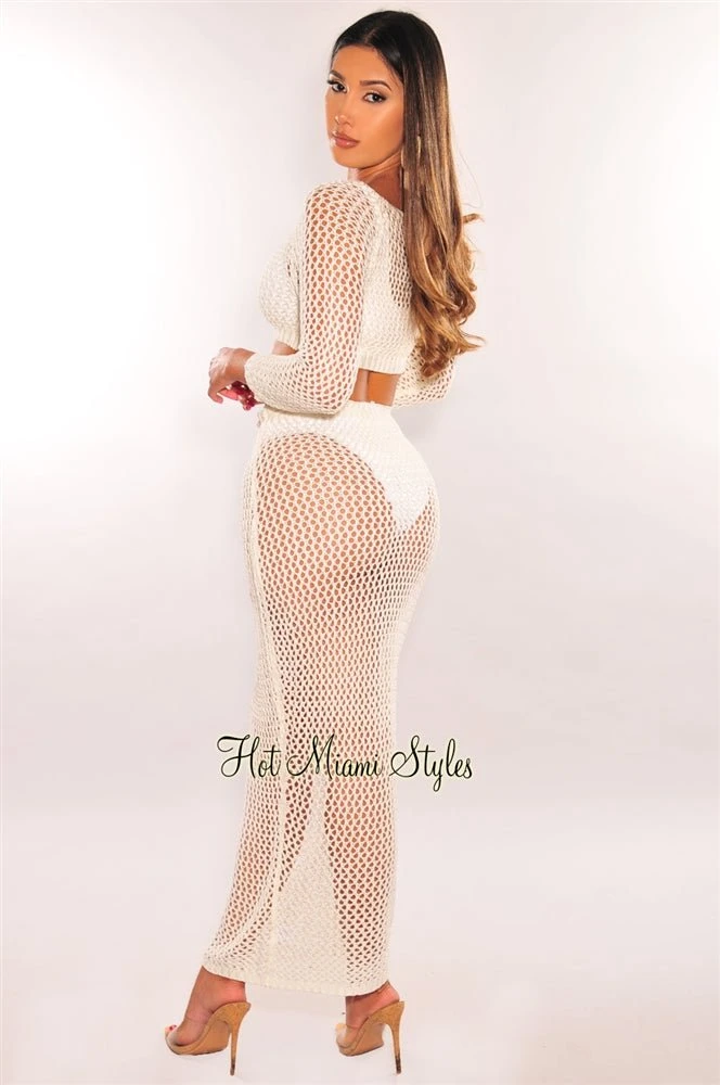 Off White Knit Crochet Long Sleeves Skirt Two Piece Set Cover Up 2 Off White Knit Crochet Long Sleeves Skirt Two Piece Set Cover Up - Image 2