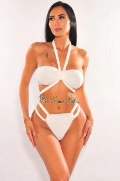 Off White Twist Rope Tie Up Wrap Around Bikini