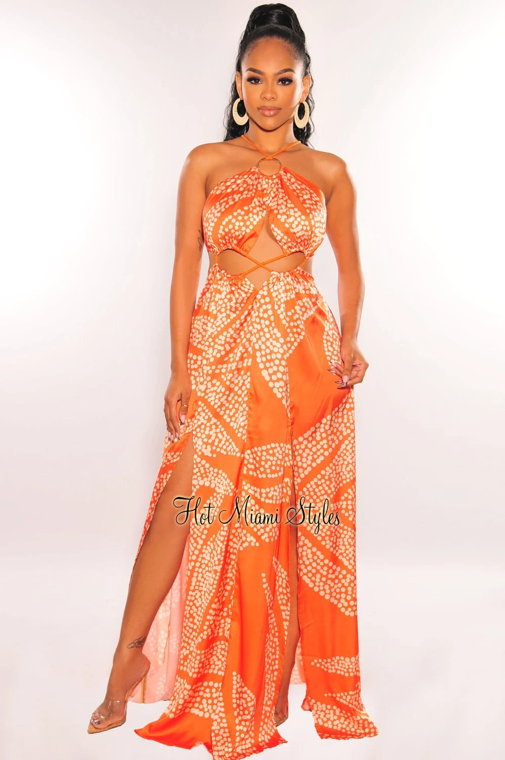 Orange Animal Print O-Ring Cord Cut Out Double Slit Maxi Dress 1 Orange Animal Print O-Ring Cord Cut Out Double Slit Maxi Dress
