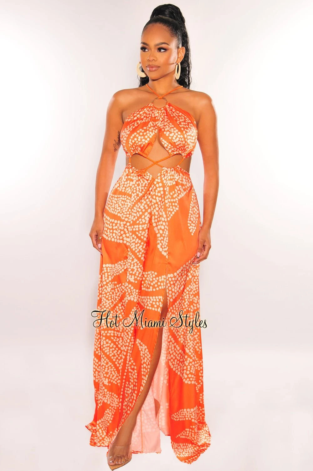 Orange Animal Print O-Ring Cord Cut Out Double Slit Maxi Dress 3 Orange Animal Print O-Ring Cord Cut Out Double Slit Maxi Dress - Image 3