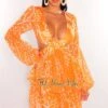 Orange Cream Print V Neck Long Sleeve O-Ring Cut Out Dress