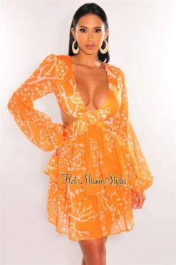Orange Cream Print V Neck Long Sleeve O-Ring Cut Out Dress
