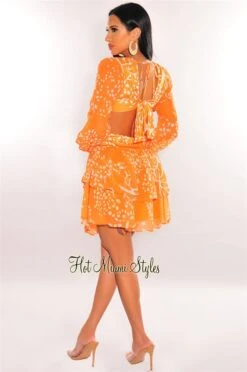 Orange Cream Print V Neck Long Sleeve O-Ring Cut Out Dress -Miamis Style Shop orange cream print v neck long sleeve o ring cut out dress hot miami styles 903374