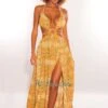 Orange Print O-Ring Cut Out Gold Belted Double Slit Maxi Dress