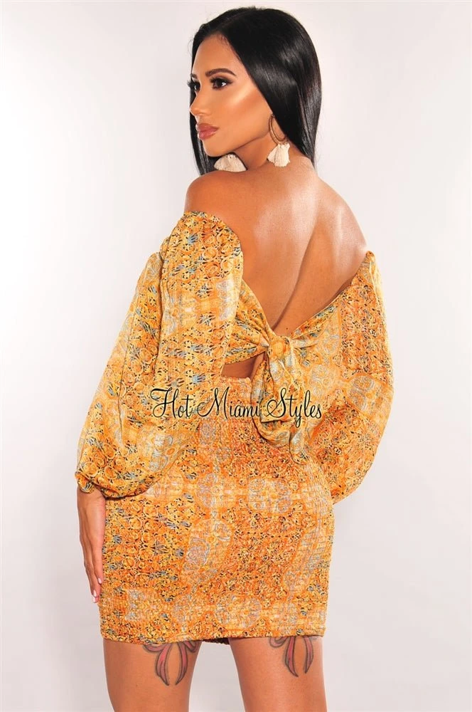 Orange Print Off Shoulder Long Sleeve Smocked Dress 2 Orange Print Off Shoulder Long Sleeve Smocked Dress - Image 2