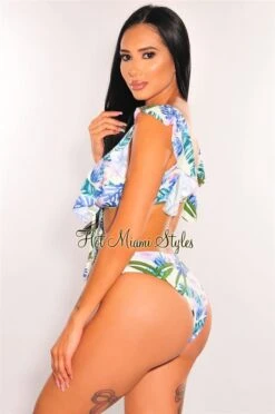 Palm Print Padded Ruffle Bikini Double Slit Skirt Three Piece Set -Miamis Style Shop palm print padded ruffle bikini double slit skirt three piece set hot miami styles 209898